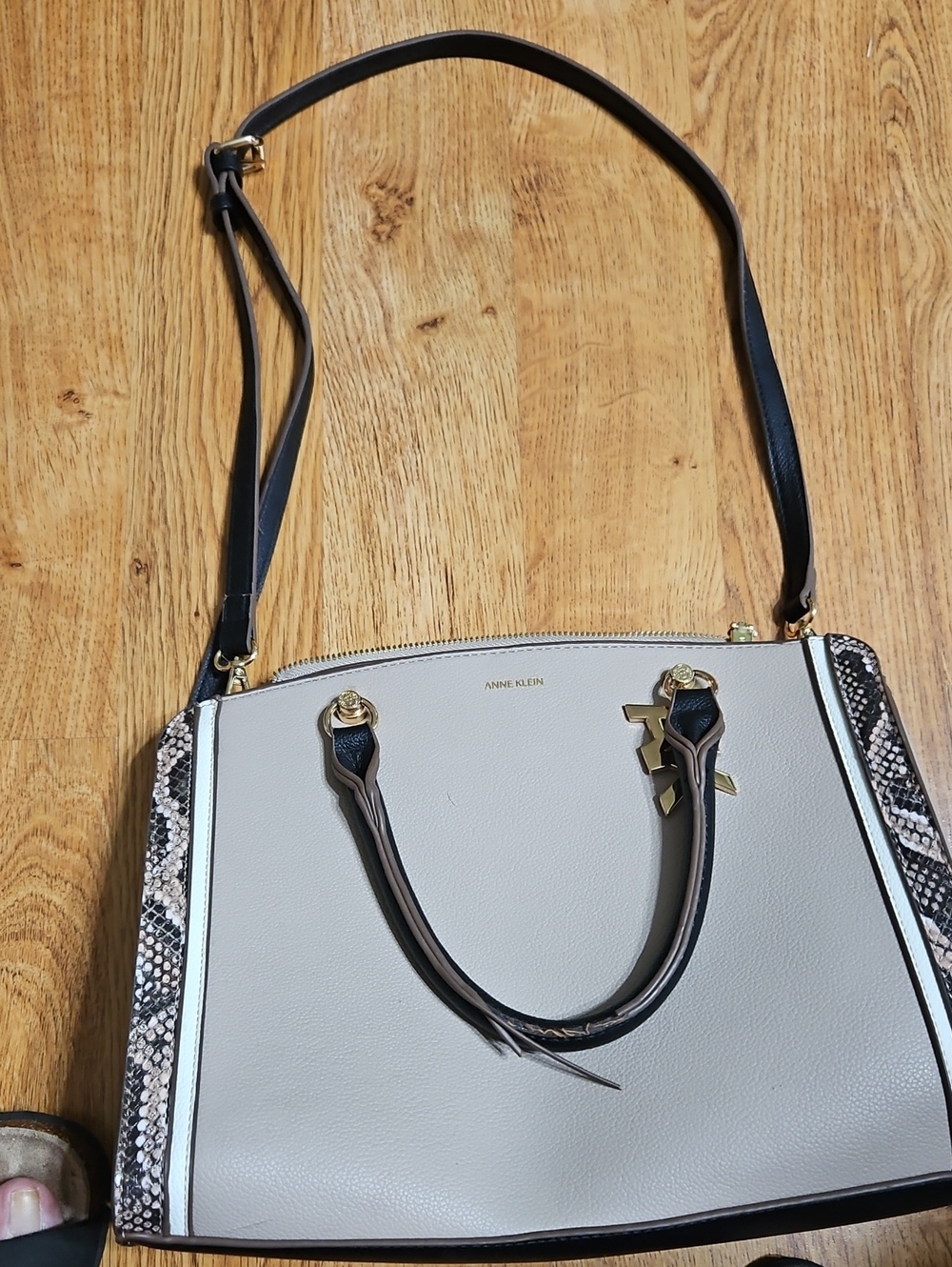 Anne Klein Gray, Black & Snake-Print Shoulder Bag with Gold Accents